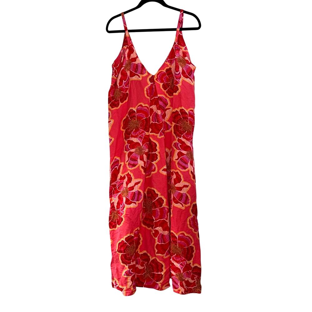 LOFT Pink Floral Linen Blend V-Neck Midi Slip Dress Size 10
